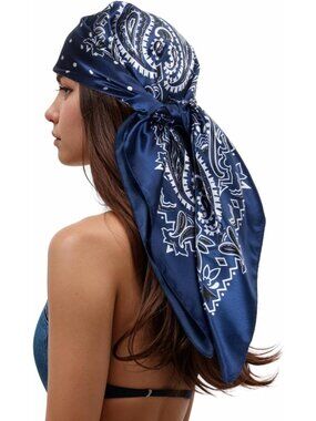 Women's Navy White Printed Square Scarf Bandanas Hair Scarf 35 Inches